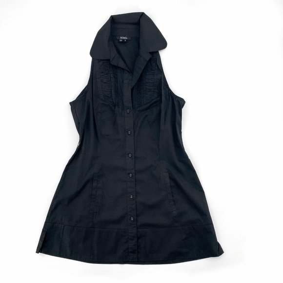 XOXO Long Button Down Black Shirt Sz Small Collared Sleeveless Belt Loops Cotton - Picture 1 of 8
